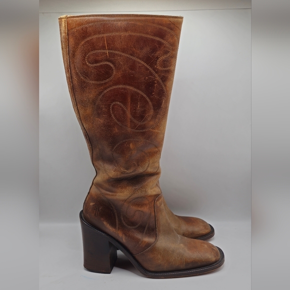 FRYE Vintage Retro Swirl Stitching Tall Chunky High Heel Brown Leather Boots - Picture 2 of 9